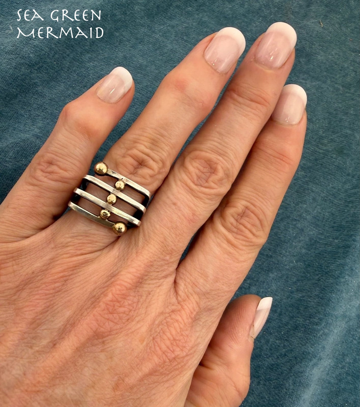 14k Gold Balls on 925 Wide Square Coil Ring. MCM Modernist Artisan