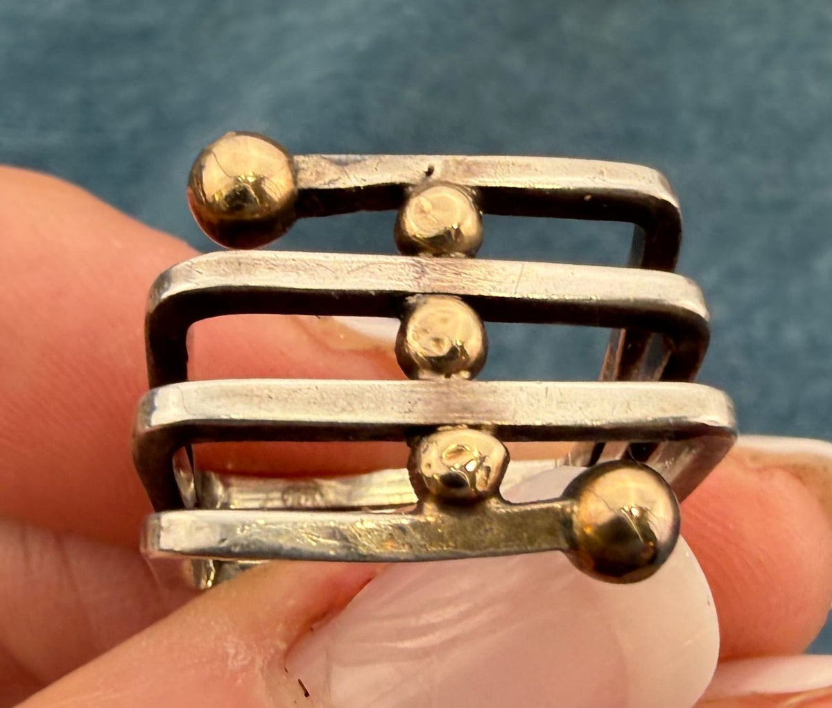 14k Gold Balls on 925 Wide Square Coil Ring. MCM Modernist Artisan