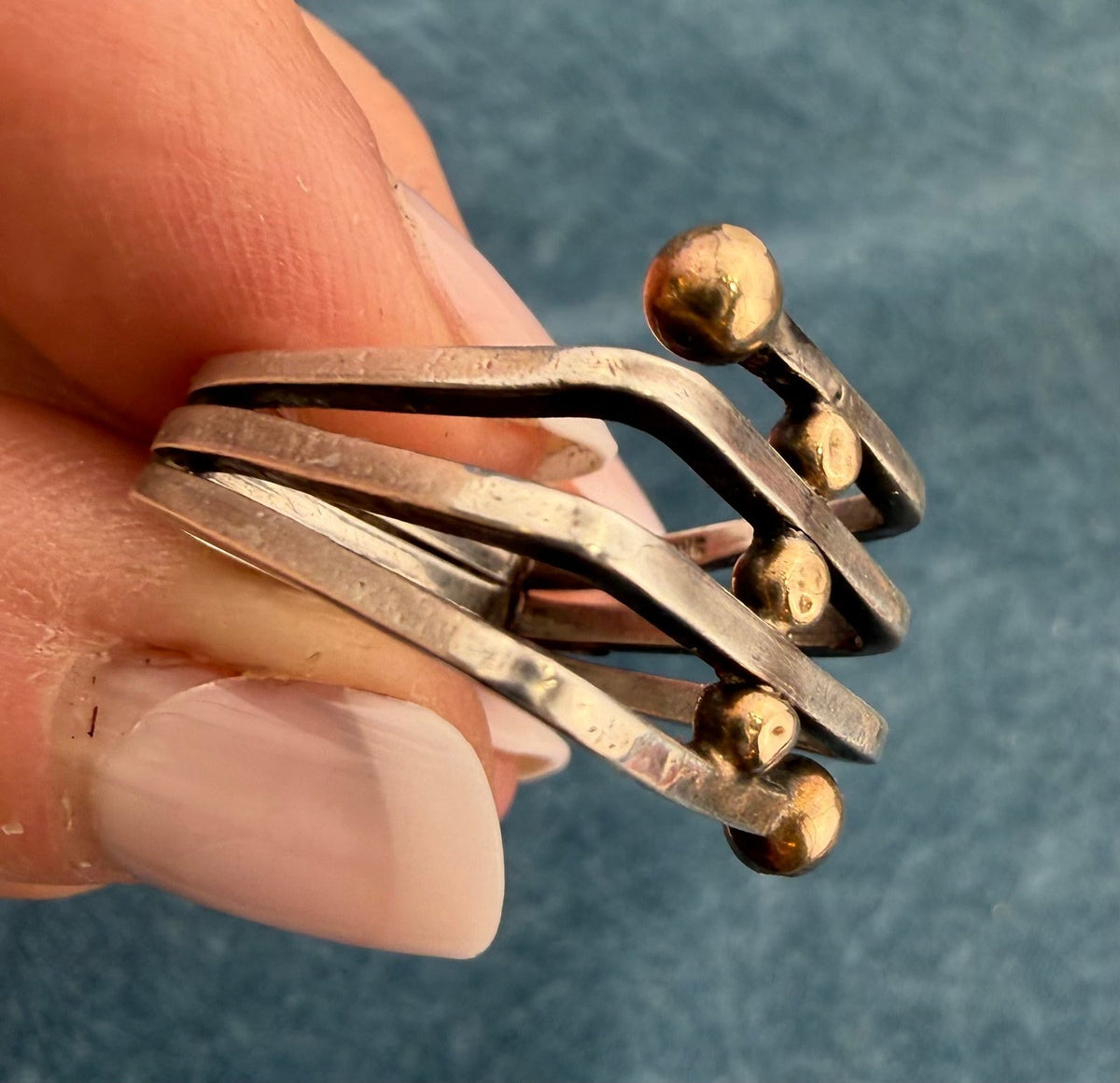 14k Gold Balls on 925 Wide Square Coil Ring. MCM Modernist Artisan
