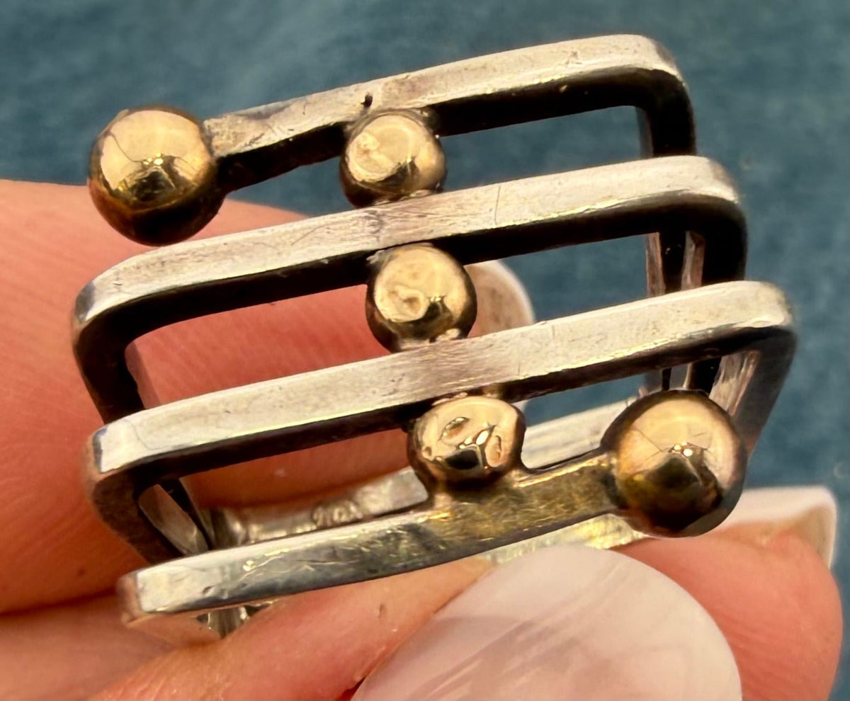 14k Gold Balls on 925 Wide Square Coil Ring. MCM Modernist Artisan