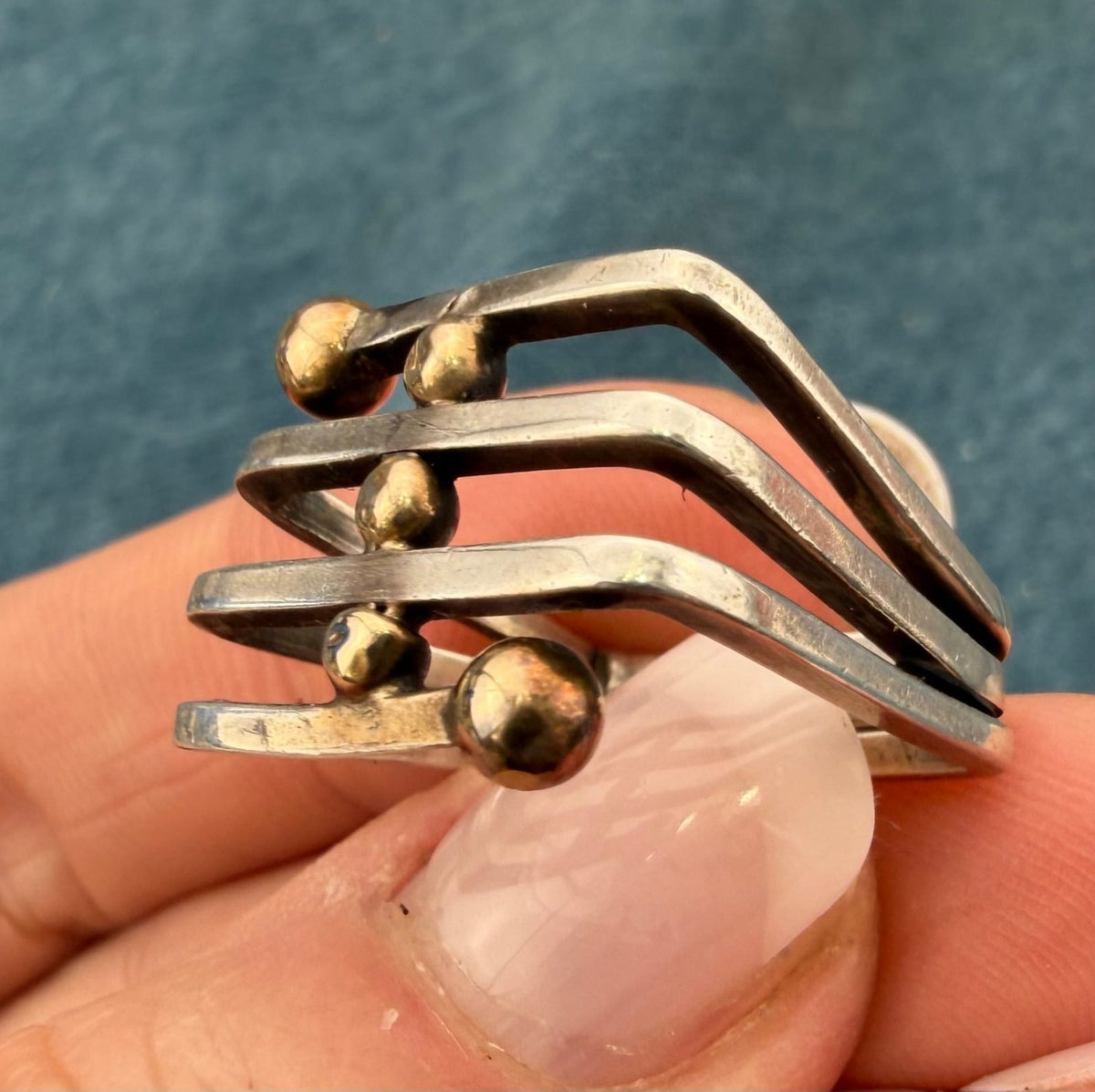 14k Gold Balls on 925 Wide Square Coil Ring. MCM Modernist Artisan