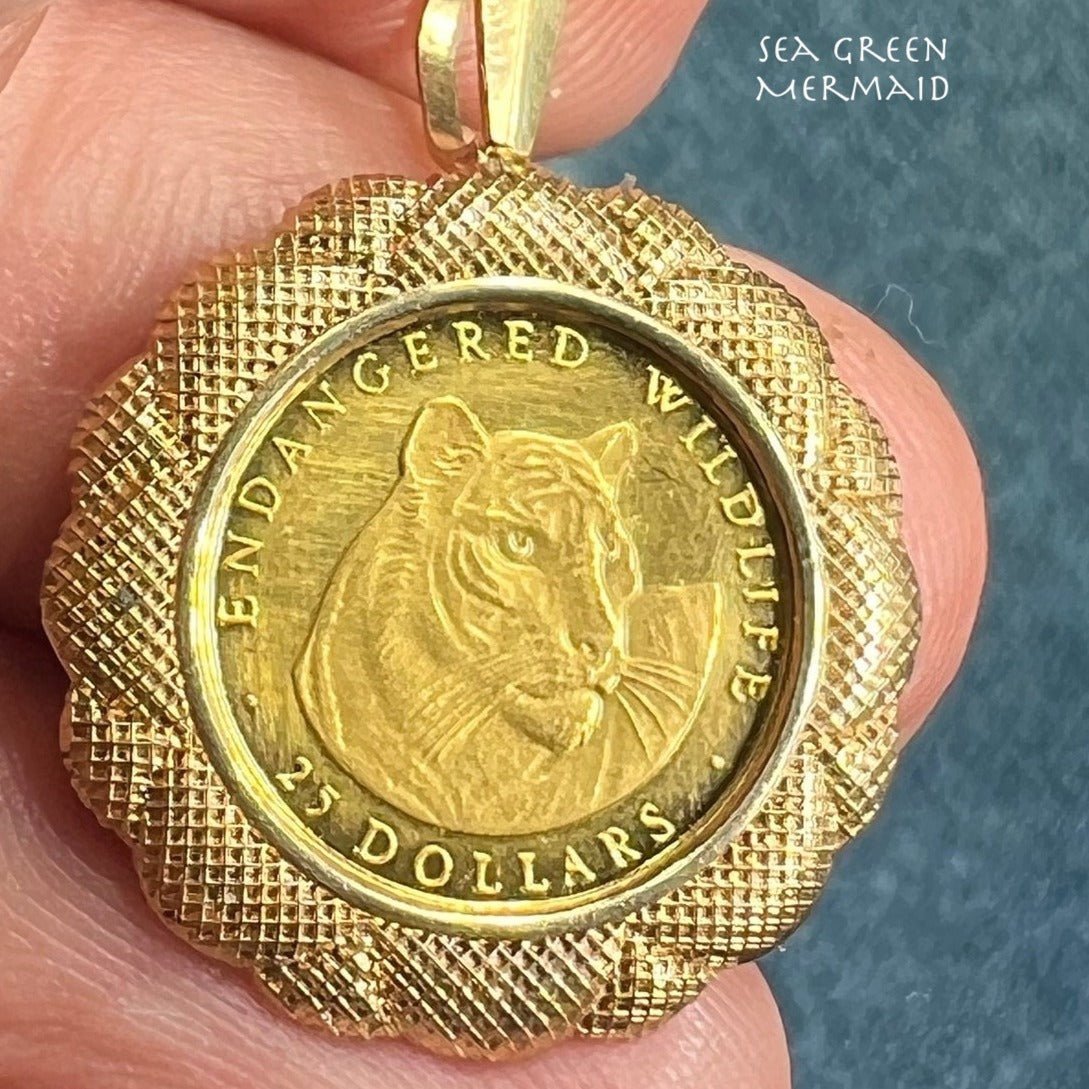 14k Gold Bezel Pendant w Endangered Tiger RARE Cook Islands Coin