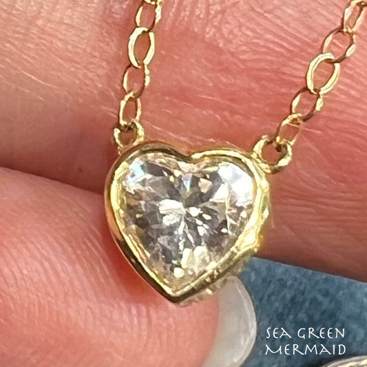 14k Gold Bezel-Set CZ Heart Pendant w 14k Chain Necklace *Video*