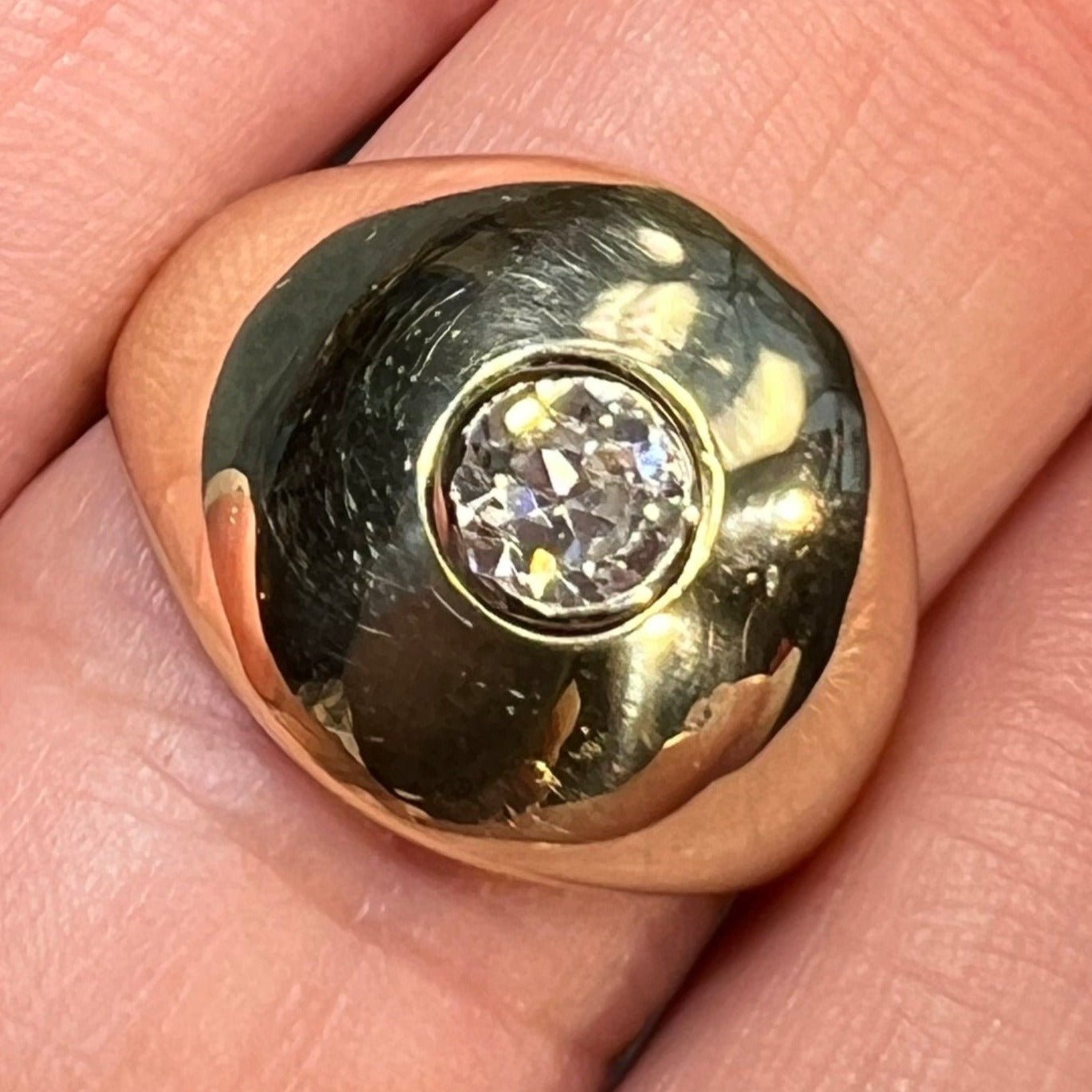 14k Gold Bezel-Set Diamond Wide Signet Dome Ring. 1/2" + 8g *Video*