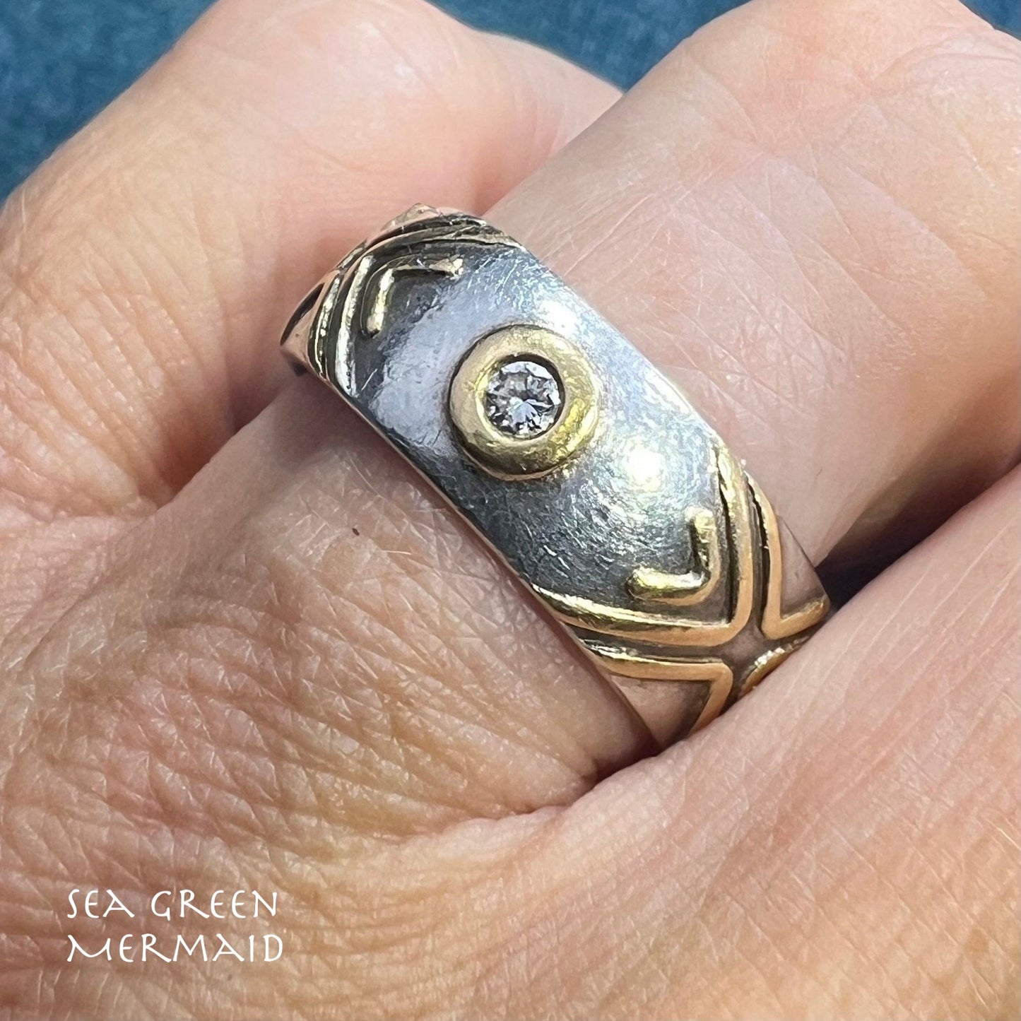 14k Gold Bezel Set Fancy Diamonds in Wide Silver Ring. 6.5g Eternity Band