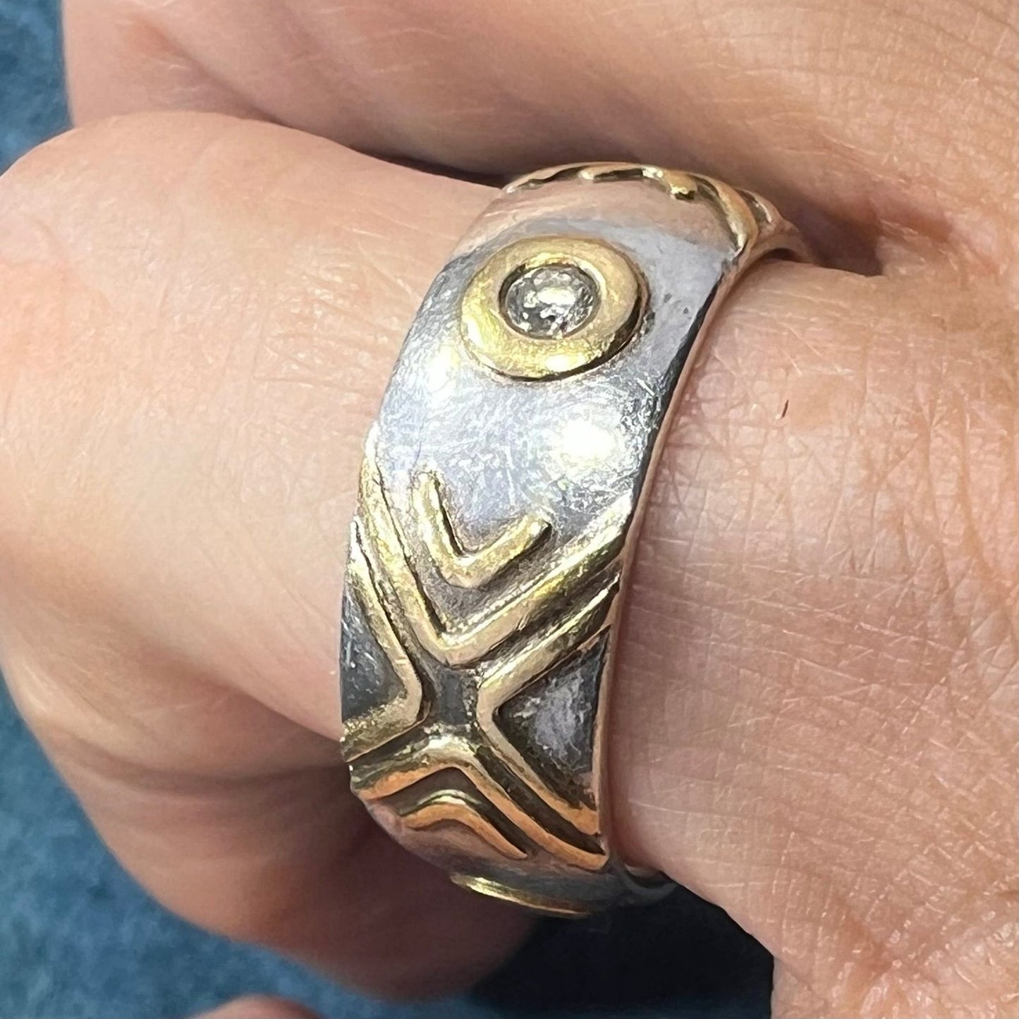 14k Gold Bezel Set Fancy Diamonds in Wide Silver Ring. 6.5g Eternity Band