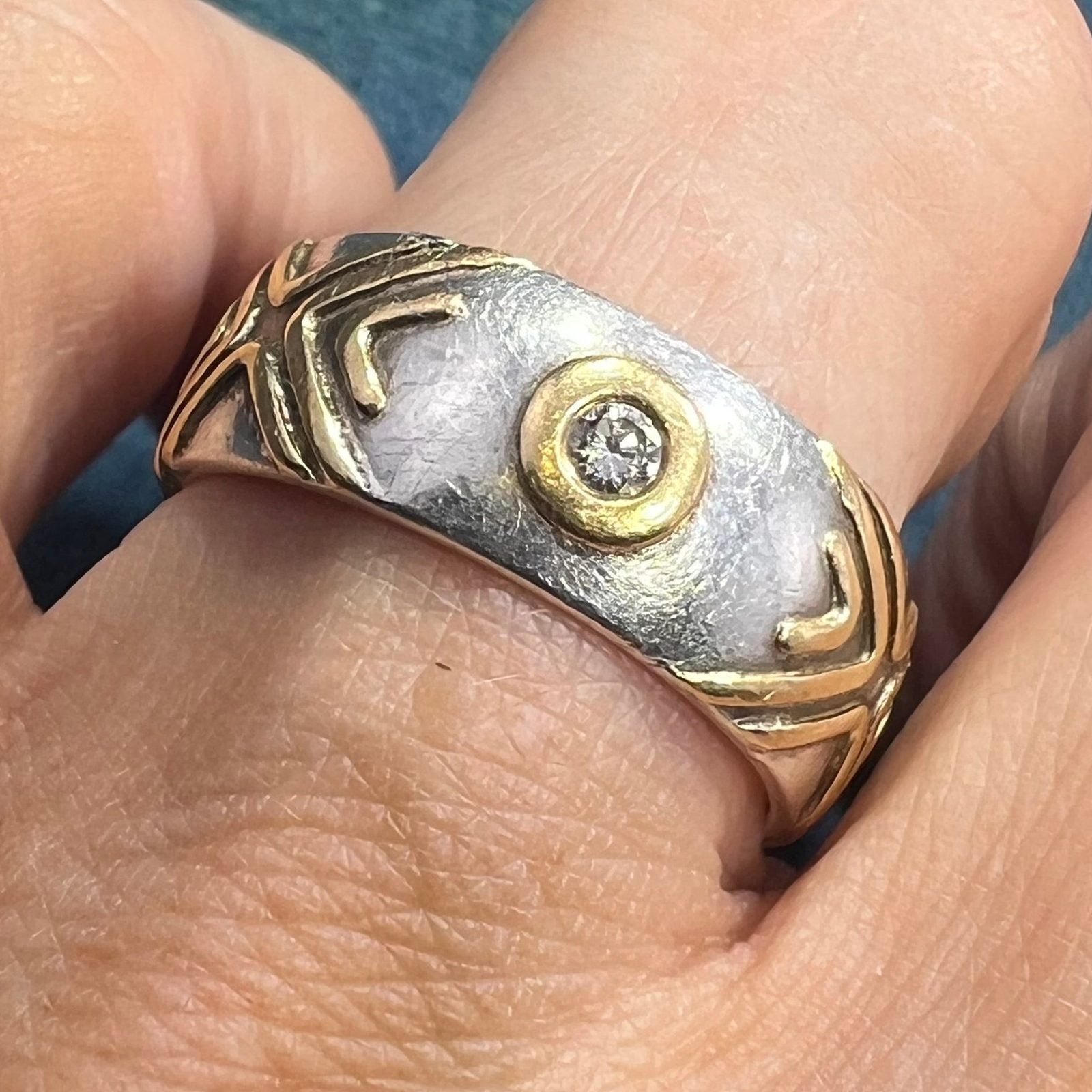 14k Gold Bezel Set Fancy Diamonds in Wide Silver Ring. 6.5g Eternity Band