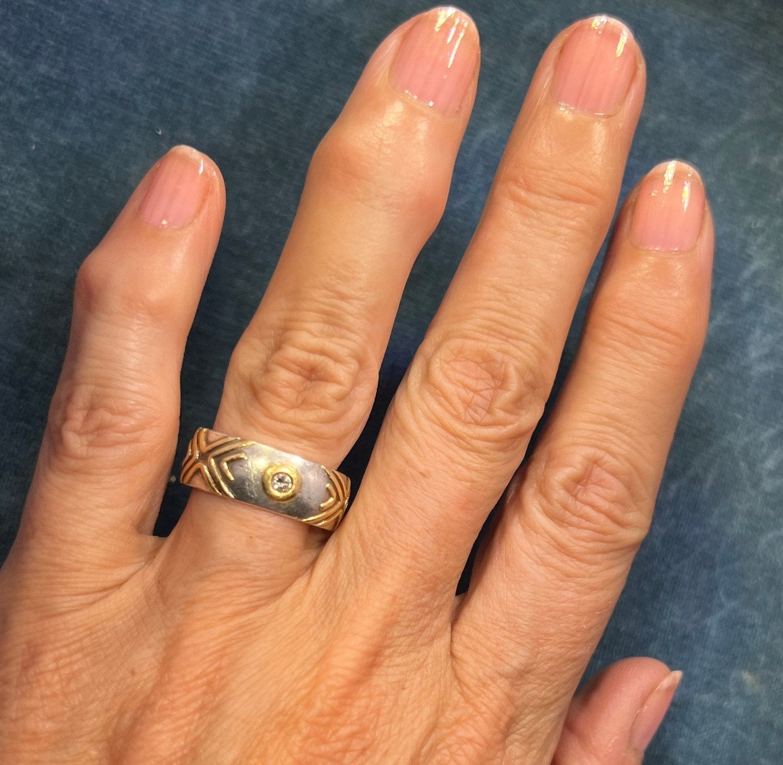 14k Gold Bezel Set Fancy Diamonds in Wide Silver Ring. 6.5g Eternity Band