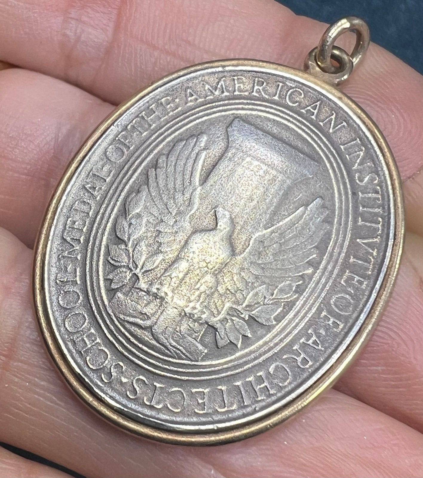 14k Gold Bezel with 925 Engraved Eagle AIA Architects Medal Pendant. 1.7" + 16g