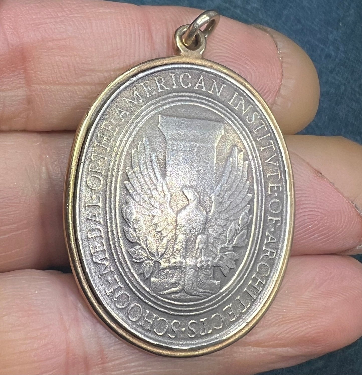 14k Gold Bezel with 925 Engraved Eagle AIA Architects Medal Pendant. 1.7" + 16g