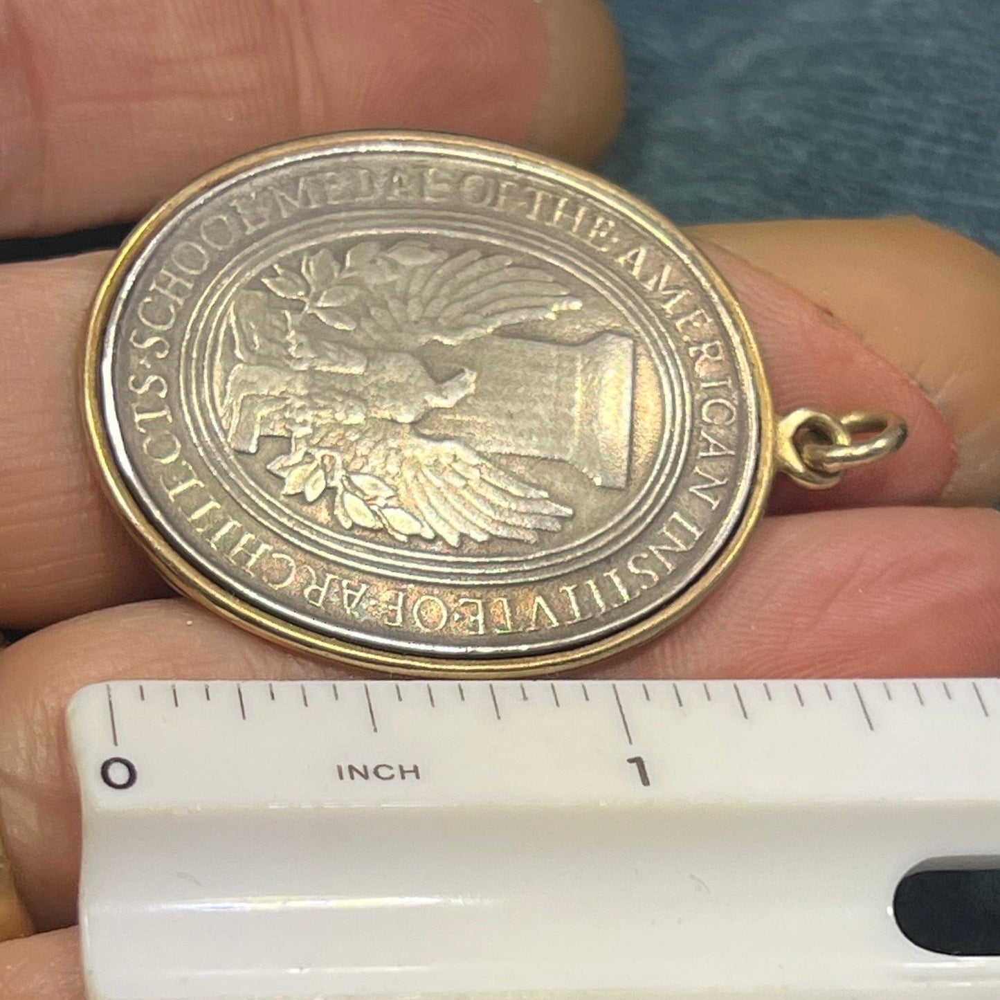 14k Gold Bezel with 925 Engraved Eagle AIA Architects Medal Pendant. 1.7" + 16g