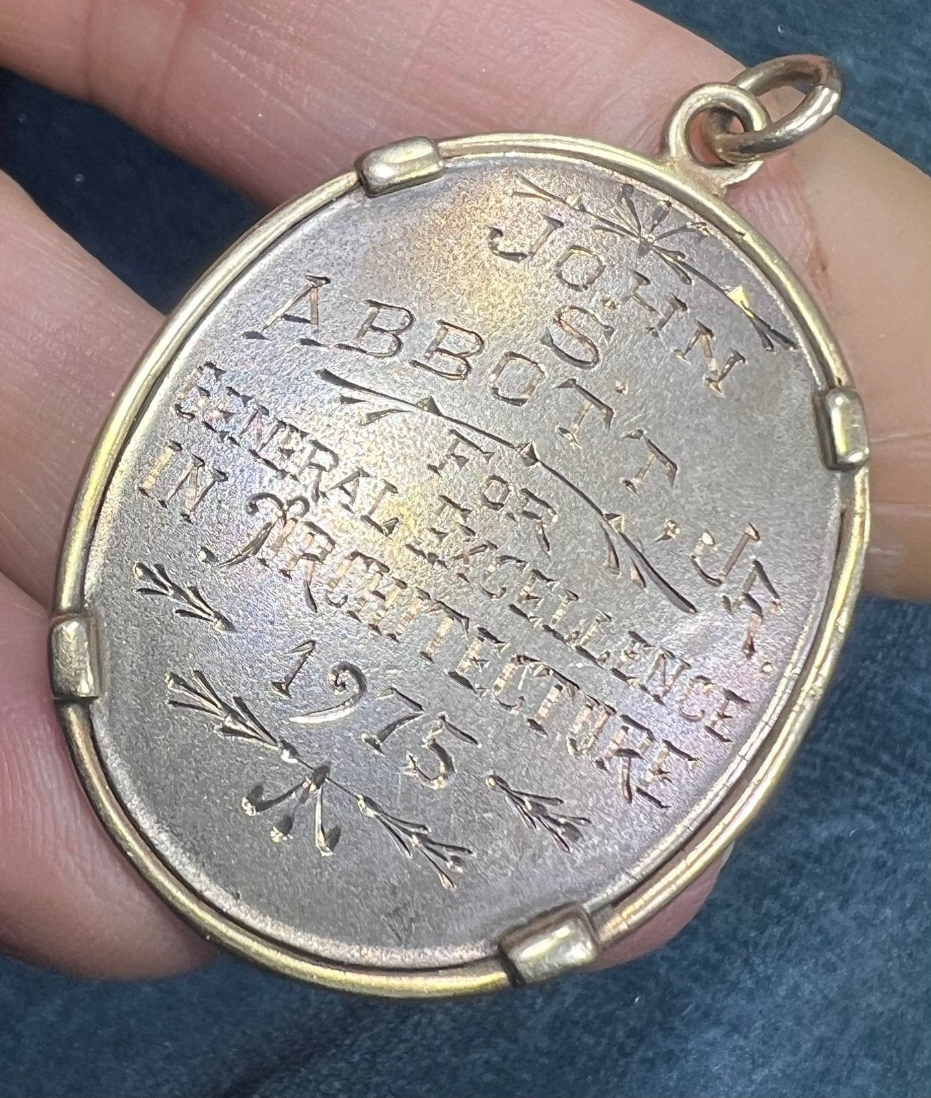 14k Gold Bezel with 925 Engraved Eagle AIA Architects Medal Pendant. 1.7" + 16g