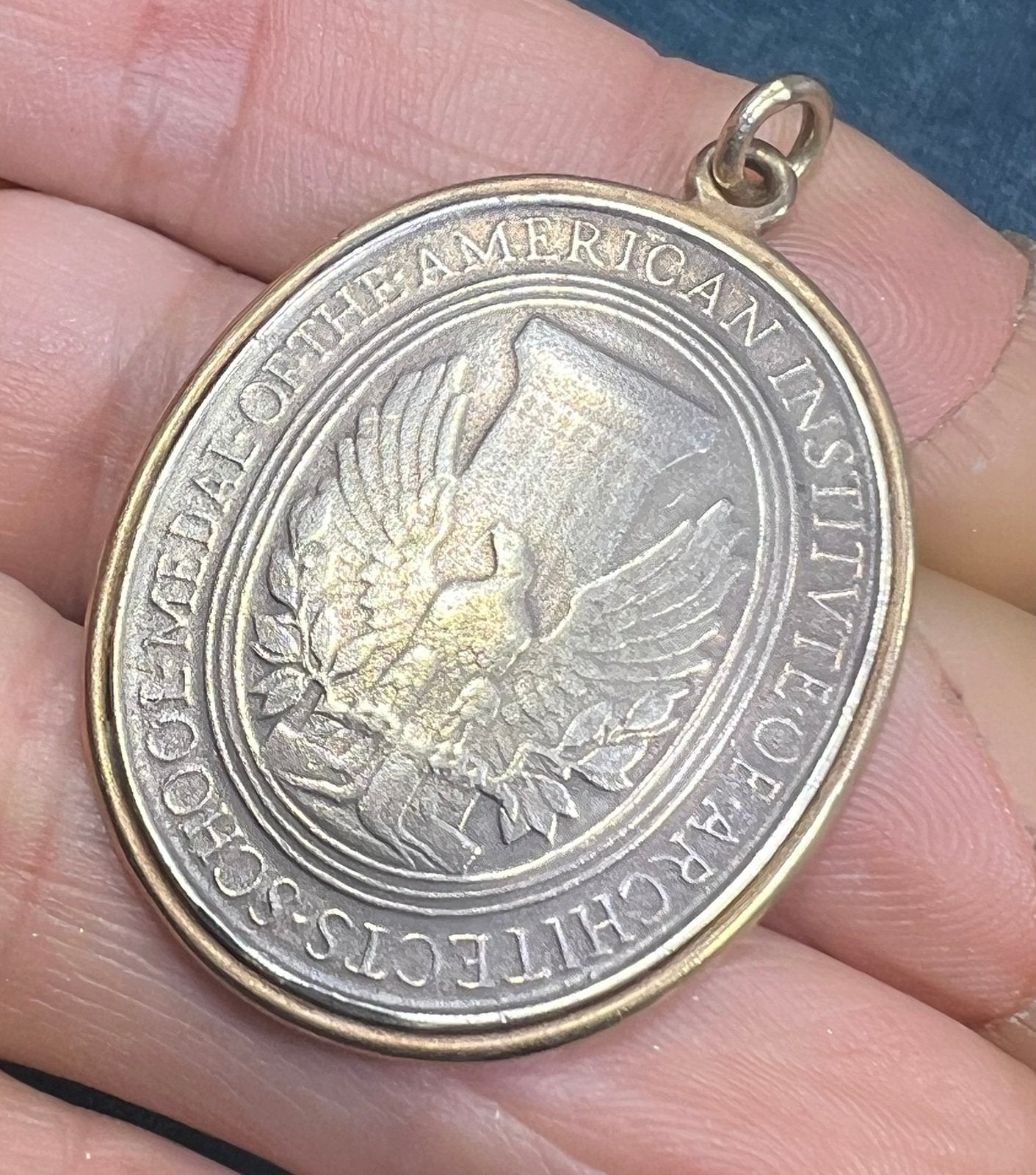14k Gold Bezel with 925 Engraved Eagle AIA Architects Medal Pendant. 1.7" + 16g