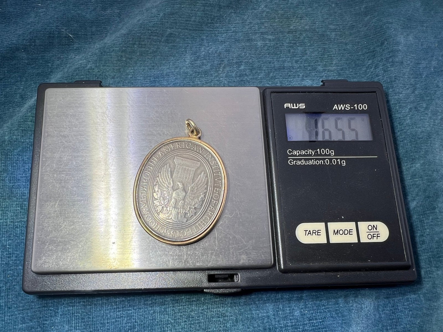 14k Gold Bezel with 925 Engraved Eagle AIA Architects Medal Pendant. 1.7" + 16g