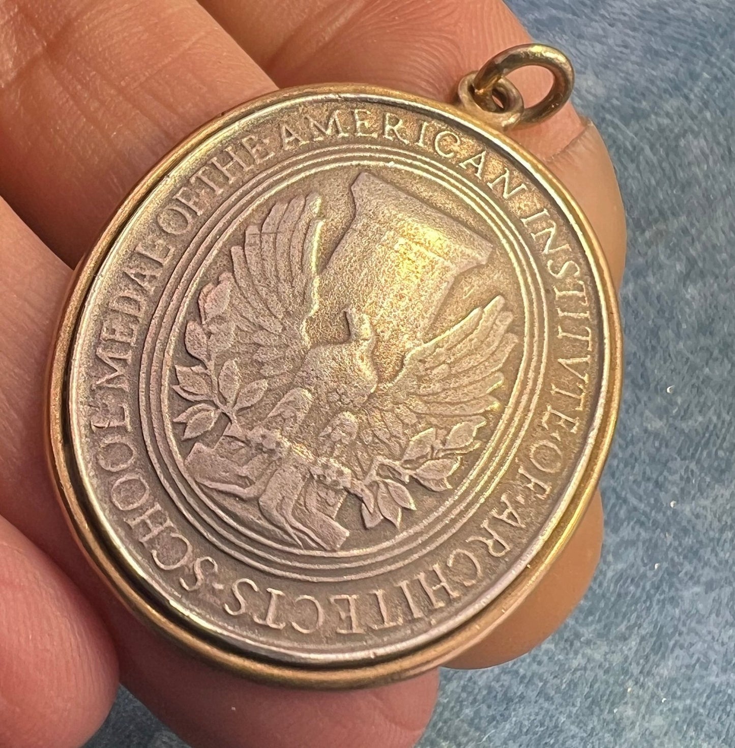 14k Gold Bezel with 925 Engraved Eagle AIA Architects Medal Pendant. 1.7" + 16g