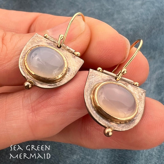 14k Gold Bezels + Ear Wires w 925 Lavender Chalcedony Earrings