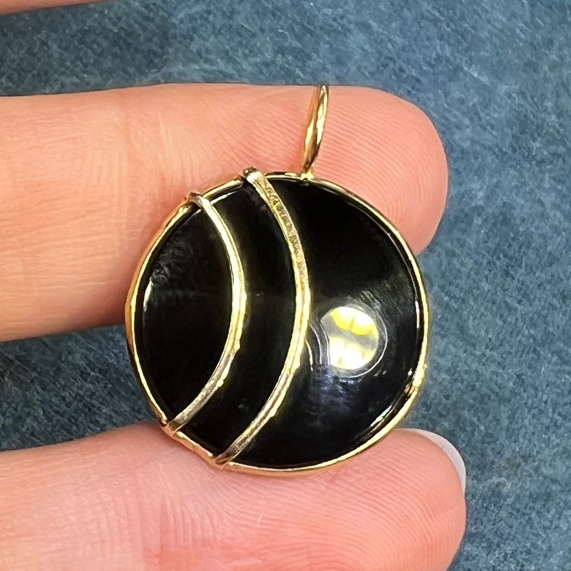 14k Gold Black Onyx Circle Crescent Moon Lunar Eclipse Pendant