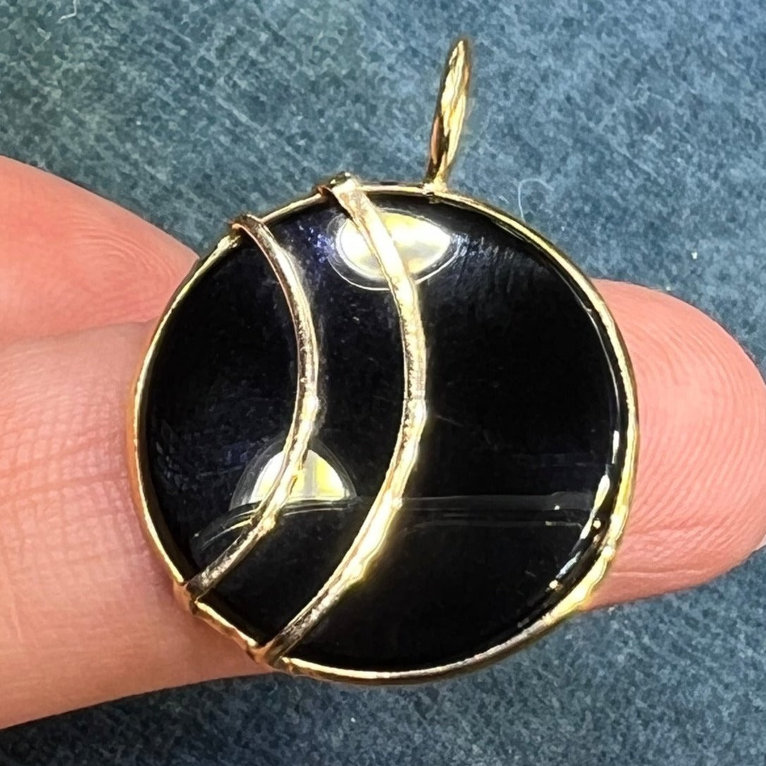 14k Gold Black Onyx Circle Crescent Moon Lunar Eclipse Pendant