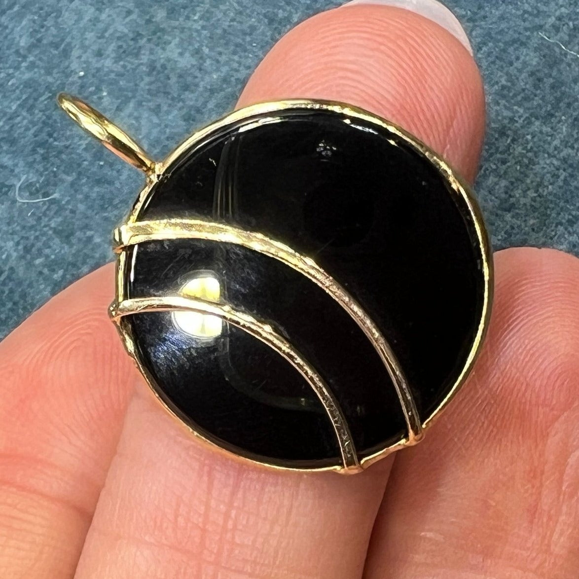 14k Gold Black Onyx Circle Crescent Moon Lunar Eclipse Pendant