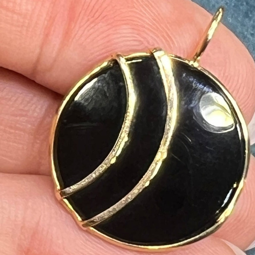 14k Gold Black Onyx Circle Crescent Moon Lunar Eclipse Pendant