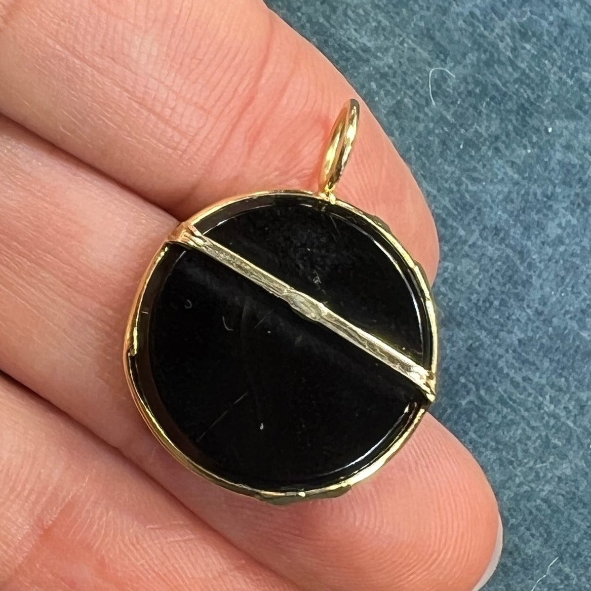 14k Gold Black Onyx Circle Crescent Moon Lunar Eclipse Pendant