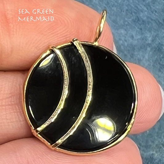 14k Gold Black Onyx Circle Crescent Moon Lunar Eclipse Pendant