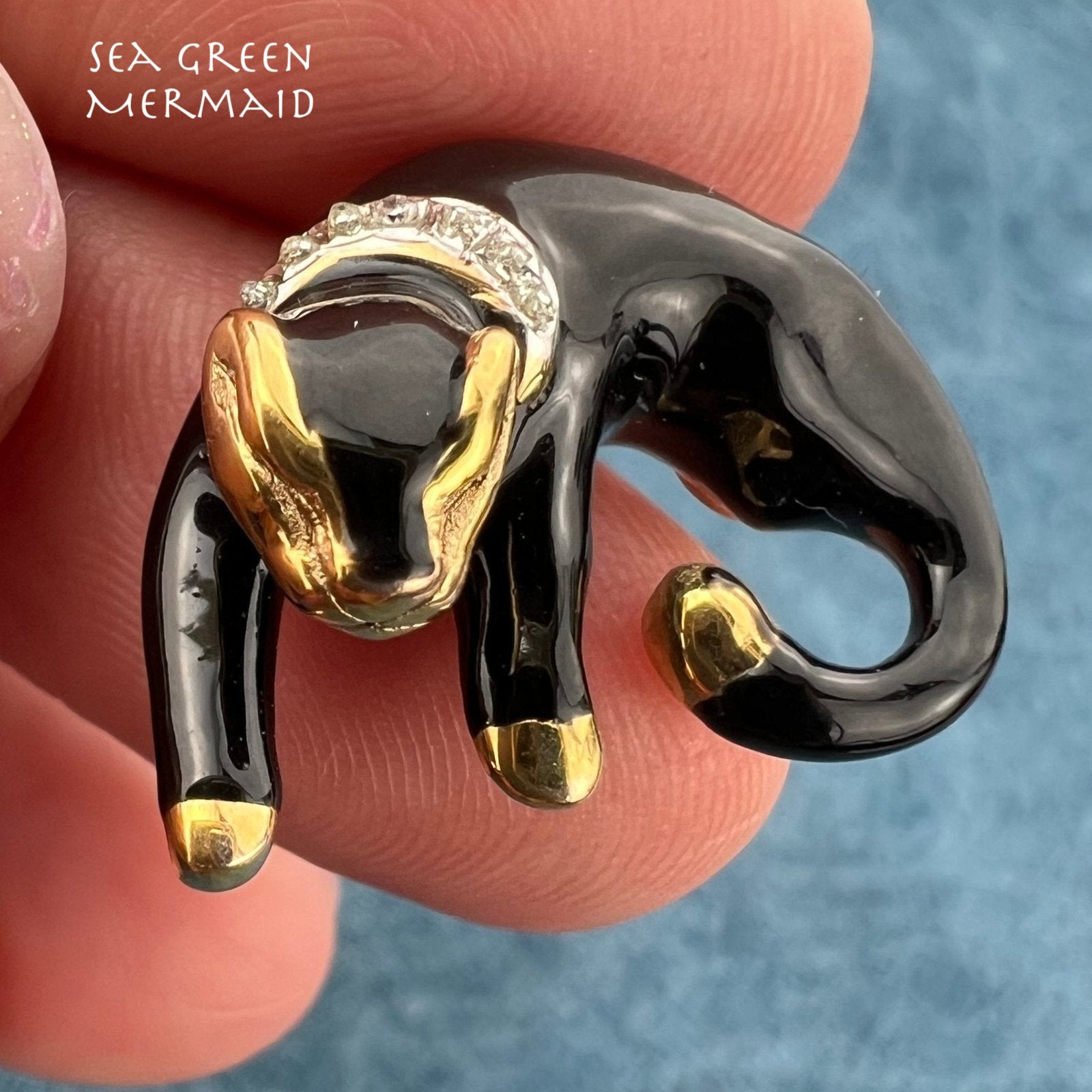 14k Gold Black Panther Slide Pendant. Diamond Collar