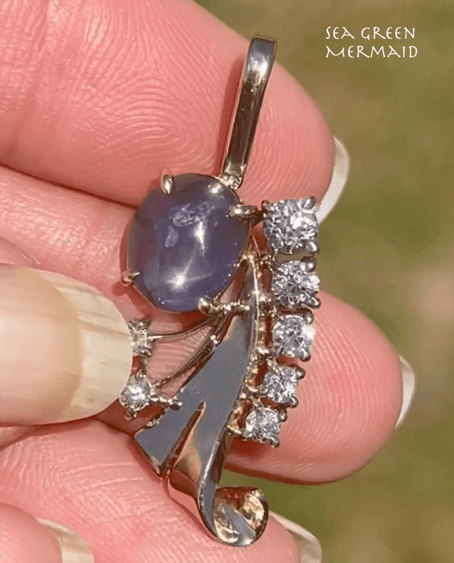 14k Gold Blue STAR SAPPHIRE + Diamond Pendant *Video* - L