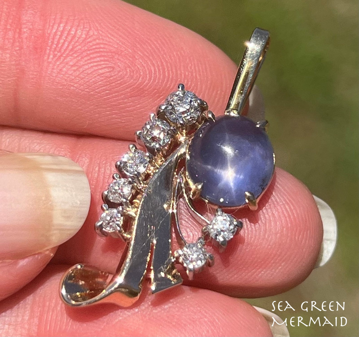 14k Gold Blue STAR SAPPHIRE + Diamond Pendant *Video* - R