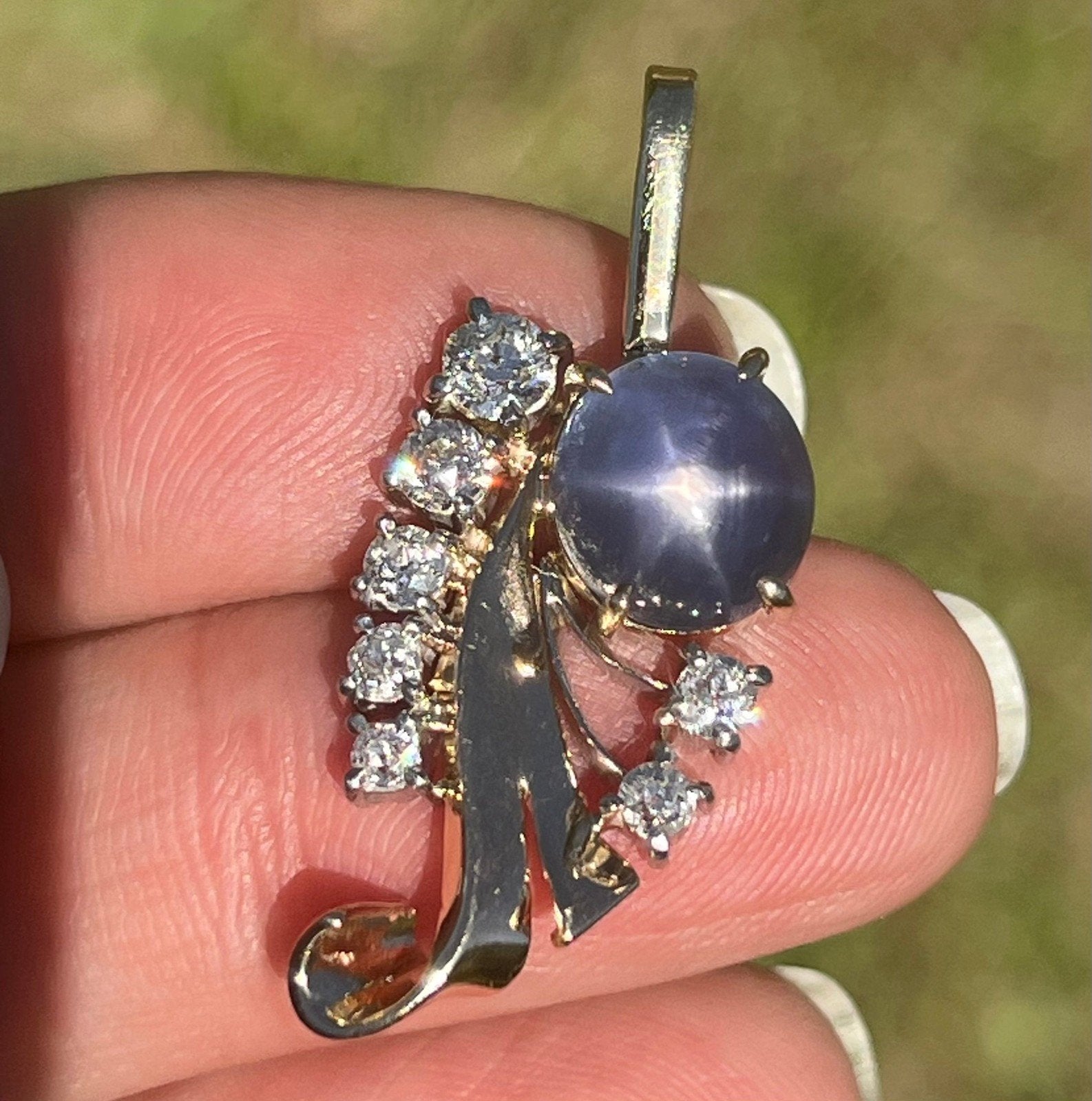 14k Gold Blue STAR SAPPHIRE + Diamond Pendant *Video* - R