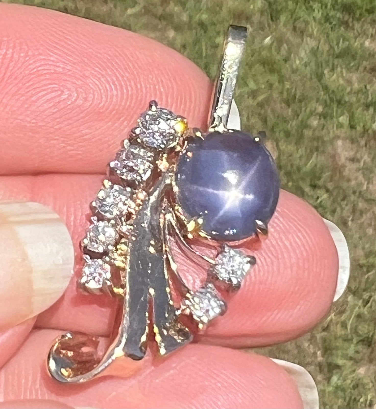 14k Gold Blue STAR SAPPHIRE + Diamond Pendant *Video* - R