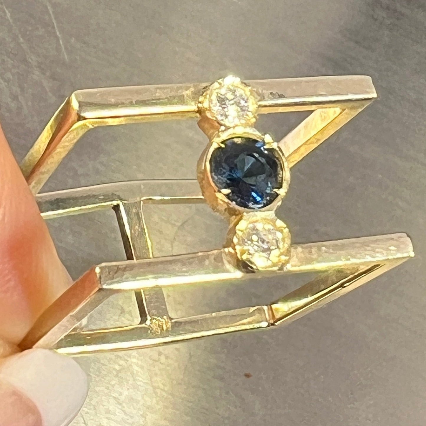 14k Gold Blue Sapphire + Diamond 2 Band Designer Square Ring. 10mm + 5g