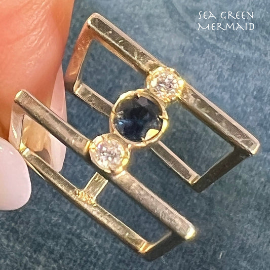 14k Gold Blue Sapphire + Diamond 2 Band Designer Square Ring. 10mm + 5g