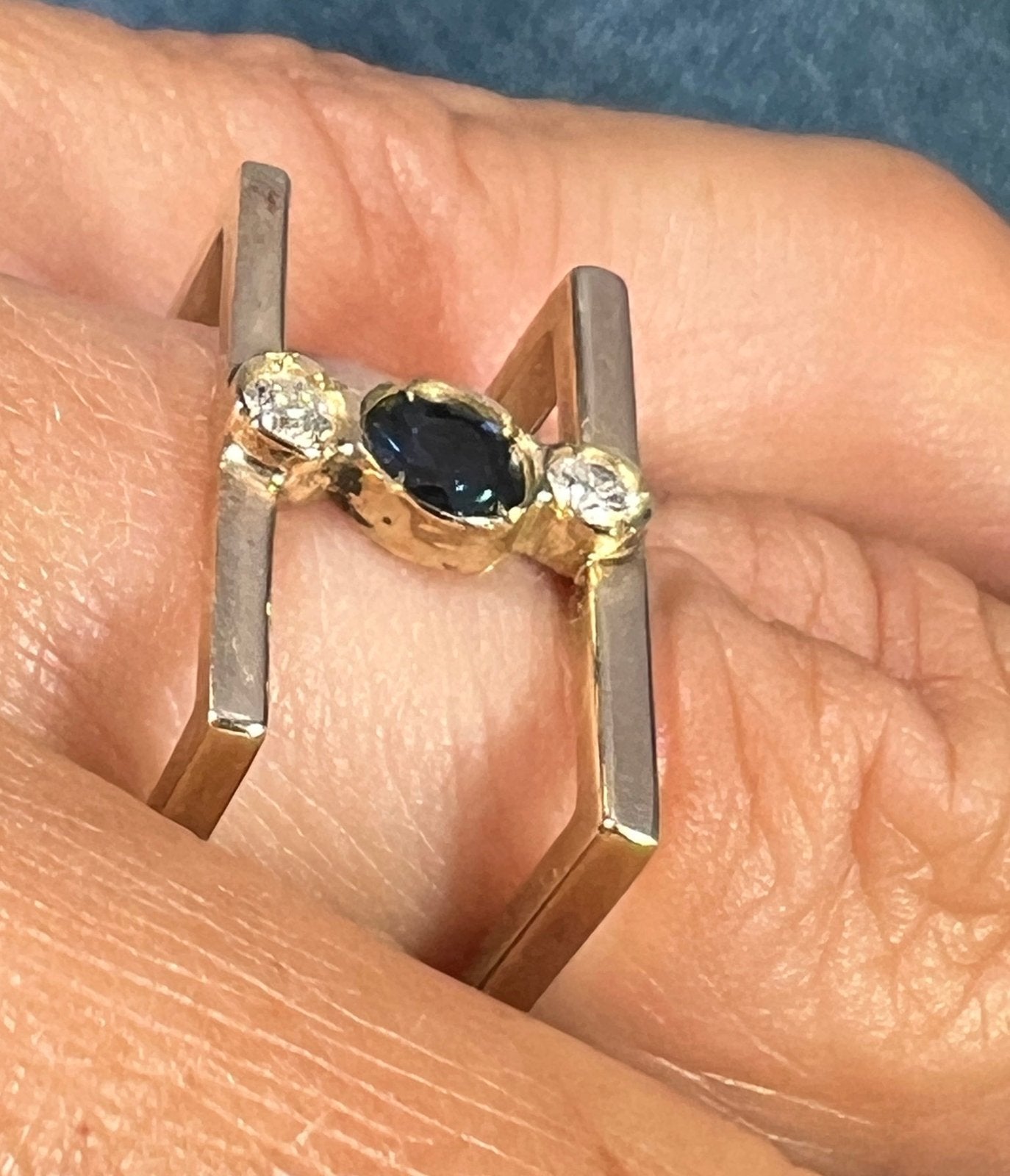 14k Gold Blue Sapphire + Diamond 2 Band Designer Square Ring. 10mm + 5g