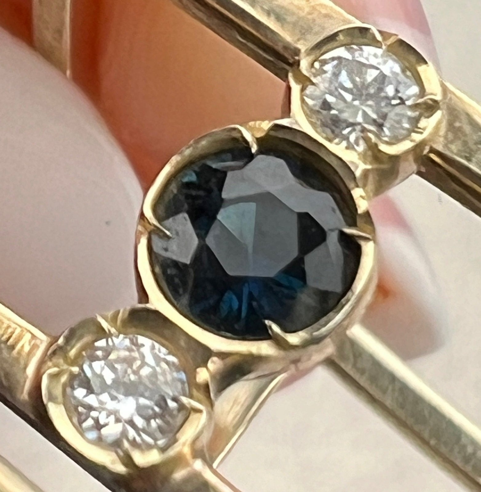 14k Gold Blue Sapphire + Diamond 2 Band Designer Square Ring. 10mm + 5g