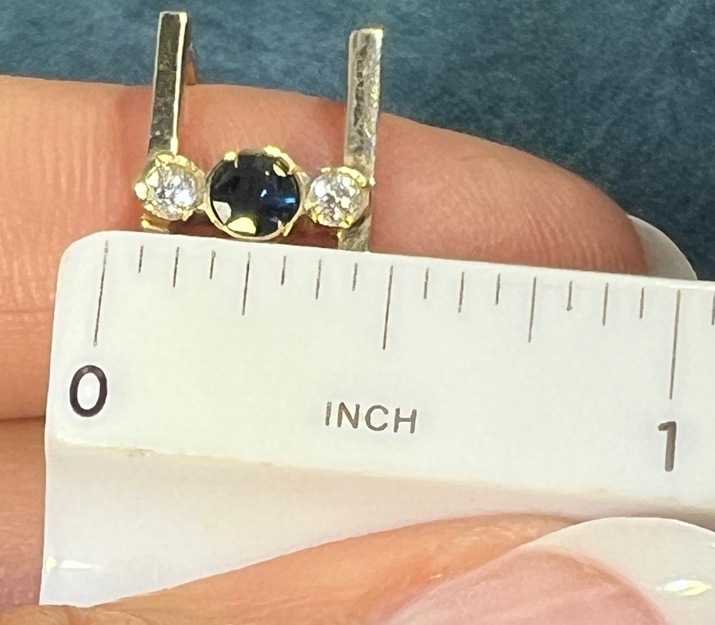 14k Gold Blue Sapphire + Diamond 2 Band Designer Square Ring. 10mm + 5g