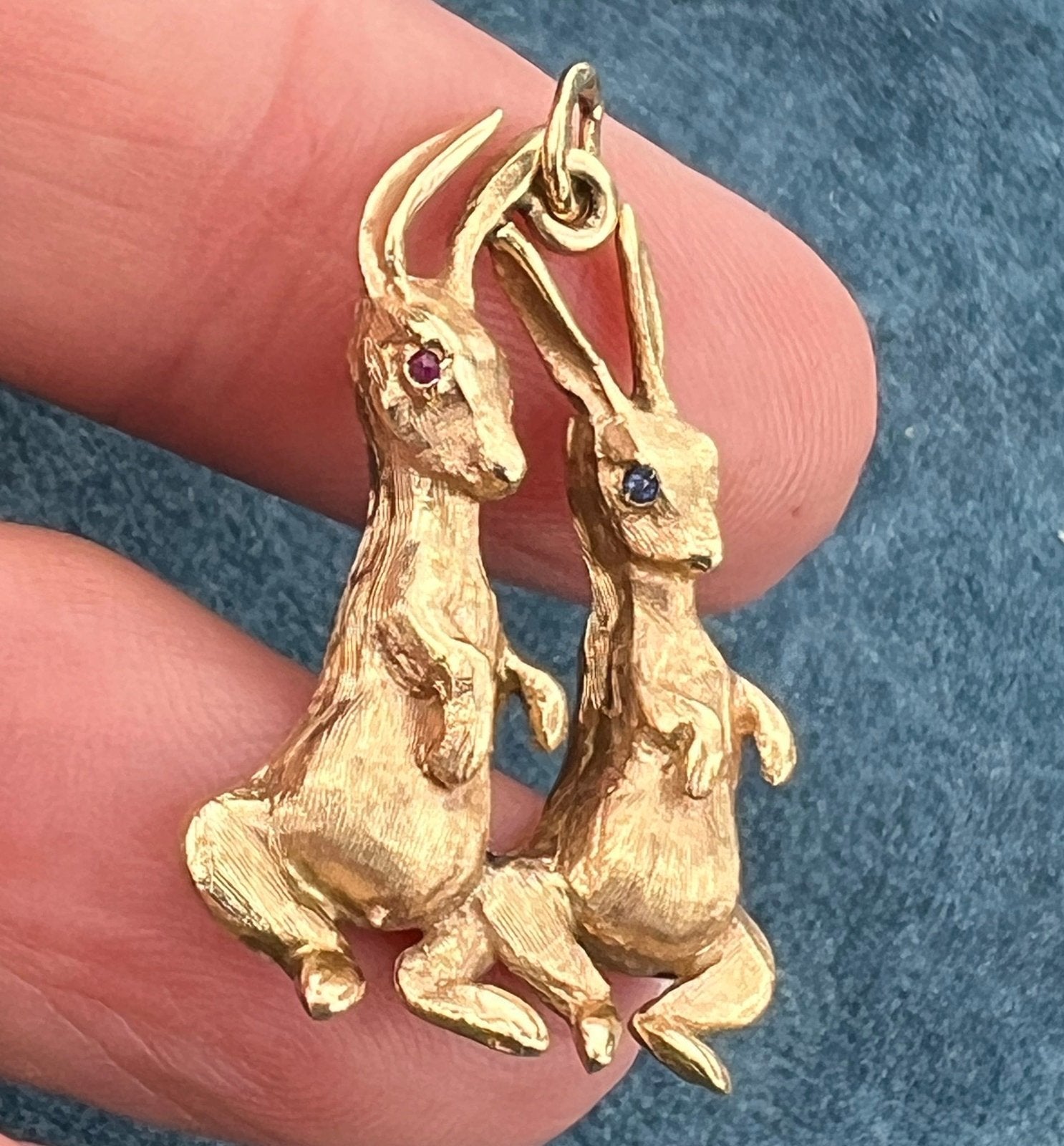 14k Gold Bunny Rabbit Friends Sisters Pendant. Sapphire + Ruby Eyes. 1.25"