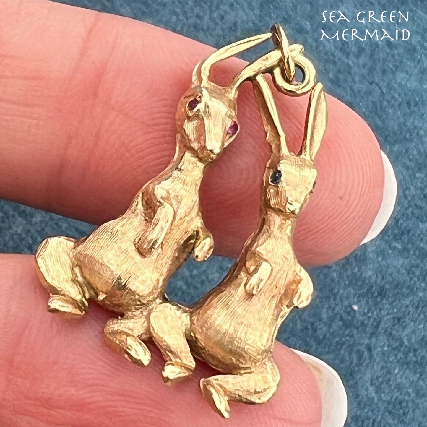 14k Gold Bunny Rabbit Friends Sisters Pendant. Sapphire + Ruby Eyes. 1.25"