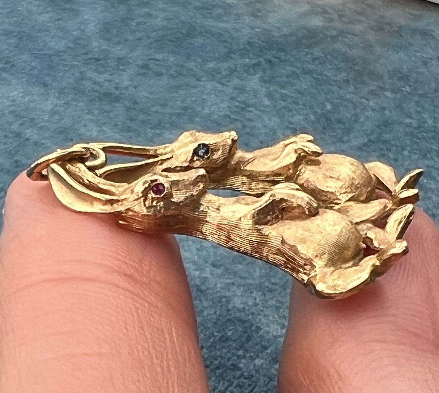 14k Gold Bunny Rabbit Friends Sisters Pendant. Sapphire + Ruby Eyes. 1.25"