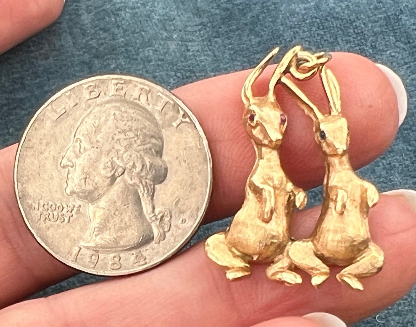 14k Gold Bunny Rabbit Friends Sisters Pendant. Sapphire + Ruby Eyes. 1.25"