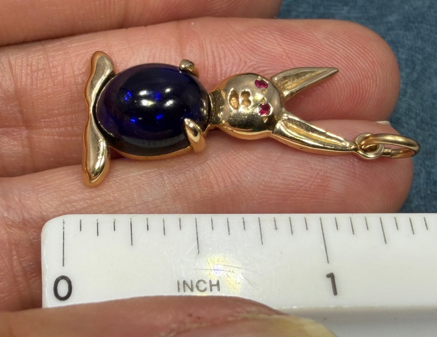 14k Gold Bunny Rabbit Pendant w Blue Jelly Belly. 1.25" + 4.3g