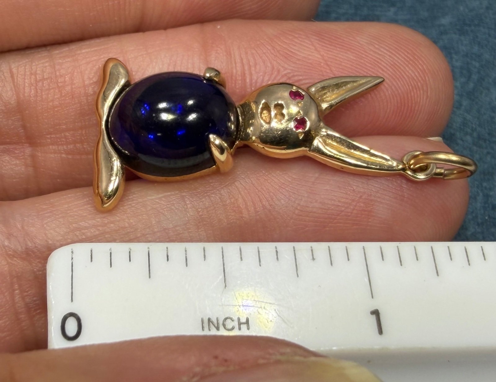 14k Gold Bunny Rabbit Pendant w Blue Jelly Belly. 1.25" + 4.3g