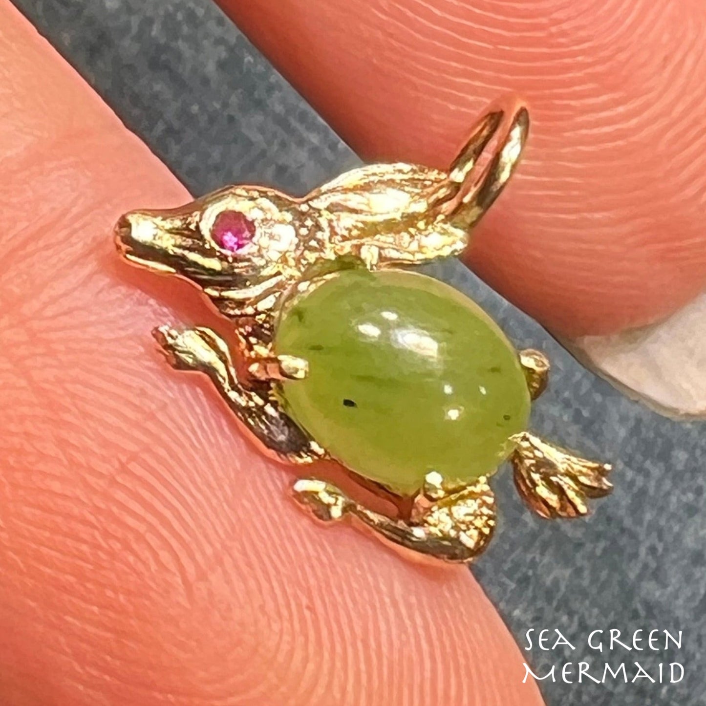 14k Gold Bunny Rabbit Pendant w Jade Jelly Belly + Ruby. TINY!