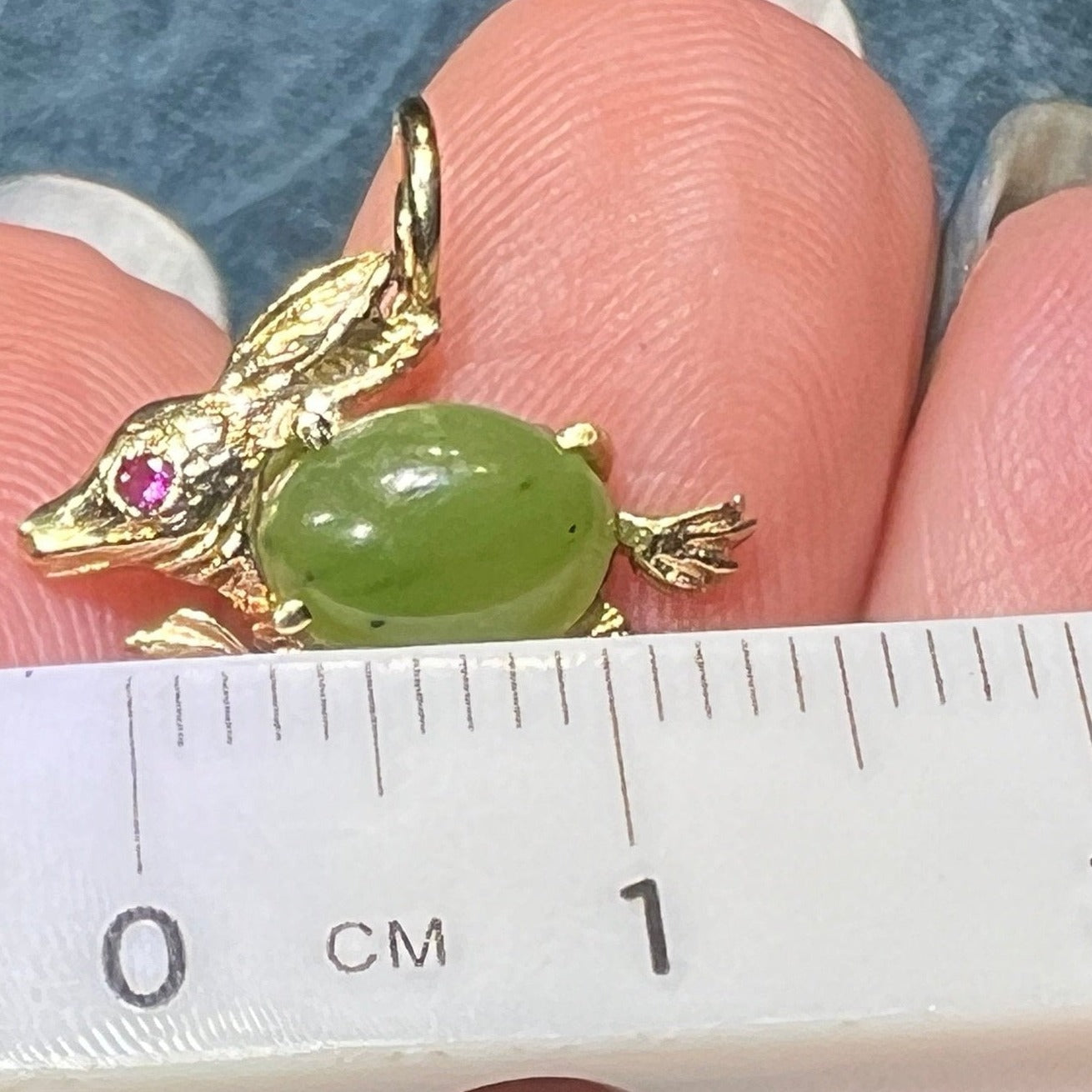 14k Gold Bunny Rabbit Pendant w Jade Jelly Belly + Ruby. TINY!