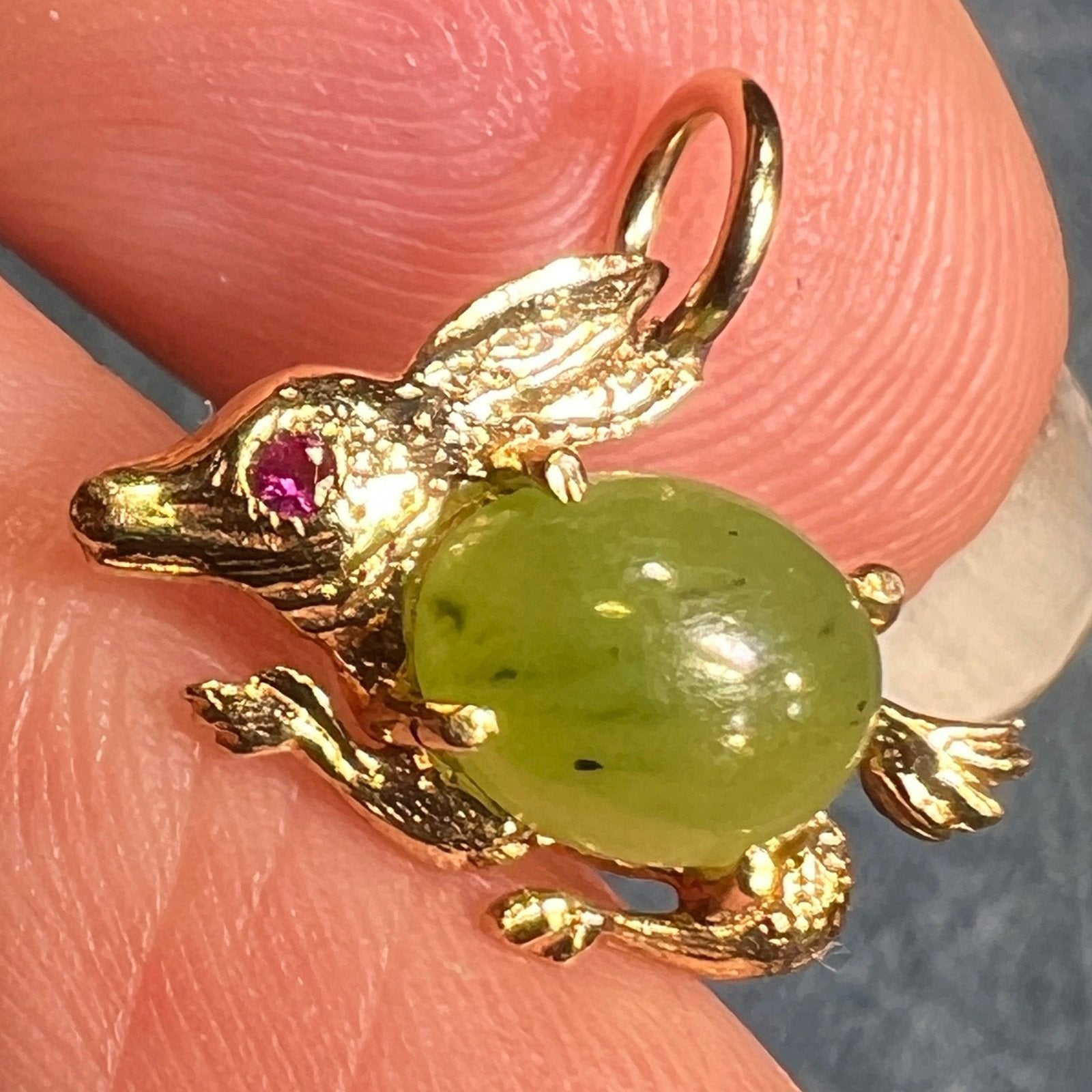 14k Gold Bunny Rabbit Pendant w Jade Jelly Belly + Ruby. TINY!