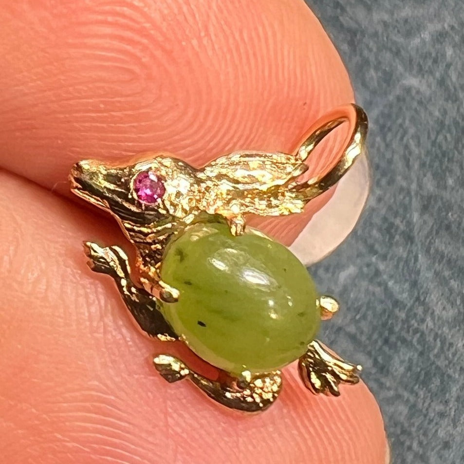 14k Gold Bunny Rabbit Pendant w Jade Jelly Belly + Ruby. TINY!