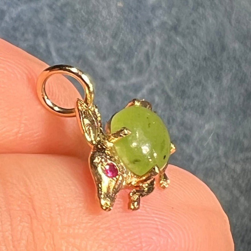 14k Gold Bunny Rabbit Pendant w Jade Jelly Belly + Ruby. TINY!