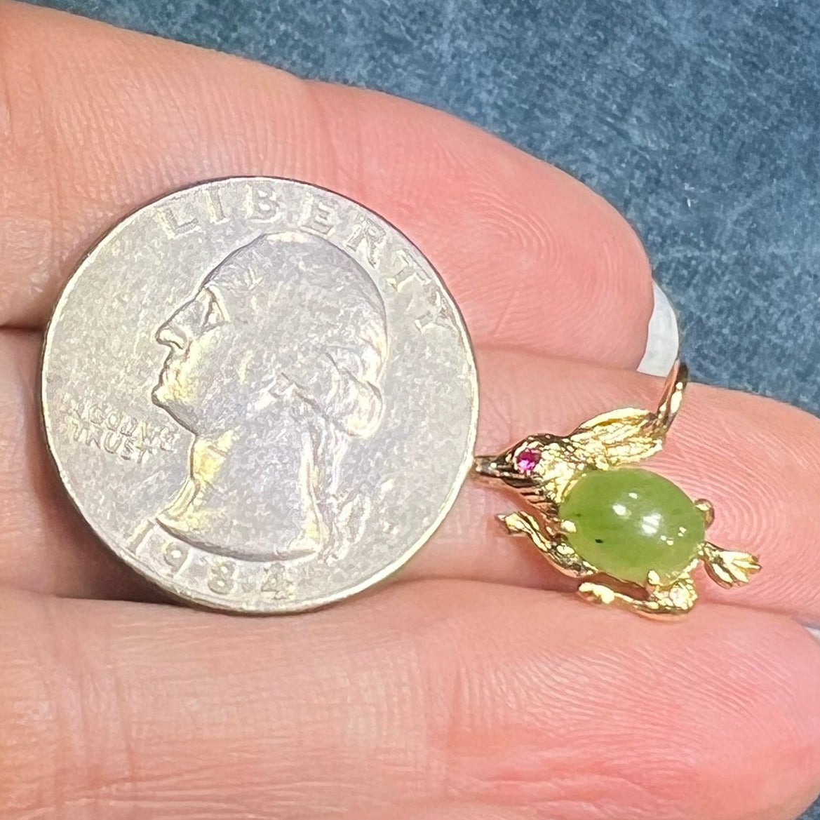 14k Gold Bunny Rabbit Pendant w Jade Jelly Belly + Ruby. TINY!