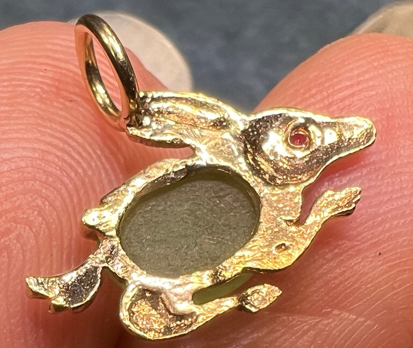 14k Gold Bunny Rabbit Pendant w Jade Jelly Belly + Ruby. TINY!