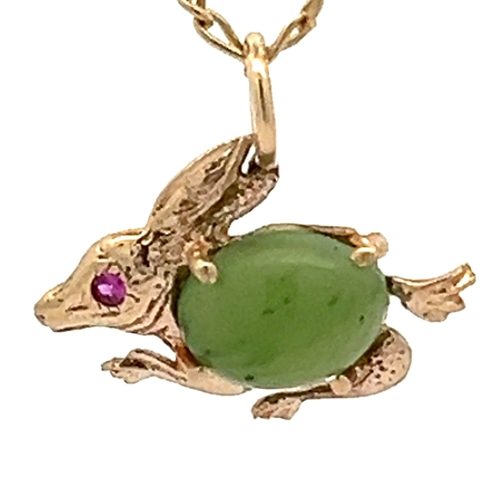 14k Gold Bunny Rabbit Pendant w Jade Jelly Belly + Ruby. TINY!